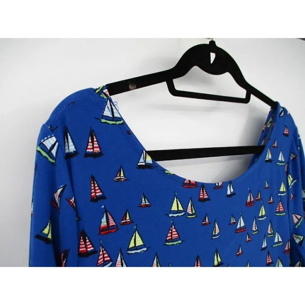 Leota Womens Dress 1X Long Blue Preppy Nautical Ships Boats Stretch Pullover